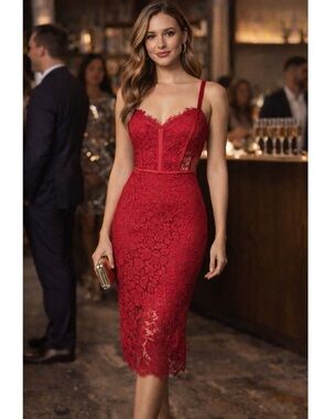 Express Red Lace Midi Dress with Corset Bodice